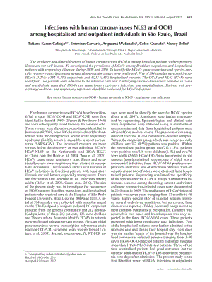 【病毒外文文獻(xiàn)】2012 Infections with human coronaviruses NL63 and OC43 among hospitalised and outpatient individuals in S_o Paulo, Brazi