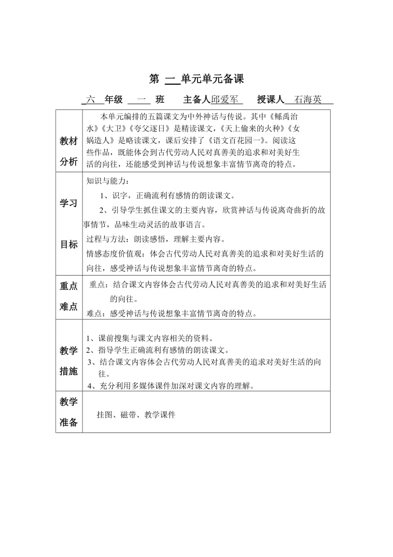 北高余小学六年级语文第一、二单元.doc_第1页