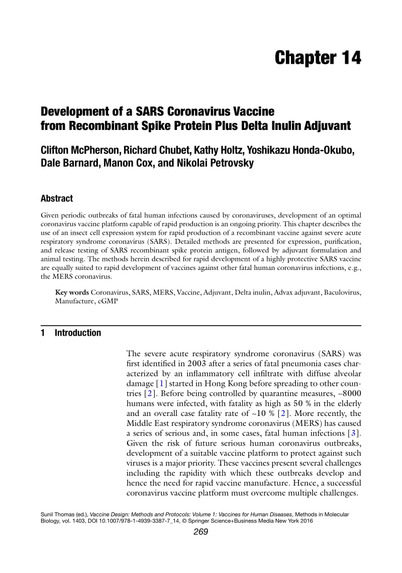 【病毒外文文献】2016 [Methods in Molecular Biology] Vaccine Design Volume 1403 __ Development of a SARS Coronavirus Vaccine from Recombi_第1页