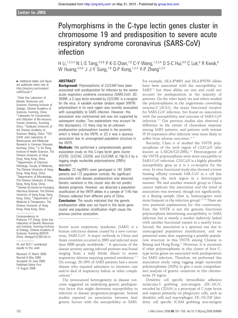 【病毒外文文献】2008 Polymorphisms in the C-type lectin genes cluster in chromosome 19 and predisposition to severe acute respiratory sy_第1页