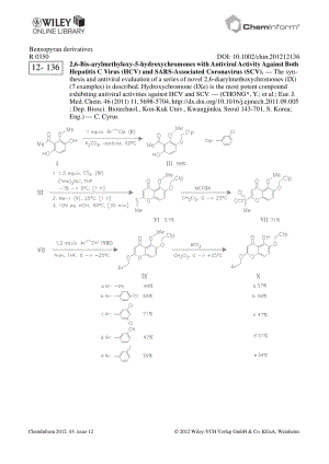 【病毒外文文獻(xiàn)】2012 ChemInform Abstract_ 2,6-Bis-arylmethyloxy-5-hydroxychromones with Antiviral Activity Against Both Hepatitis C Viru