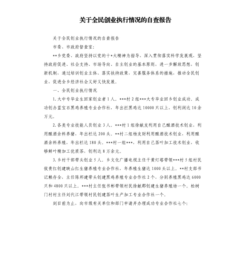 关于全民创业执行情况的自查报告.docx_第1页