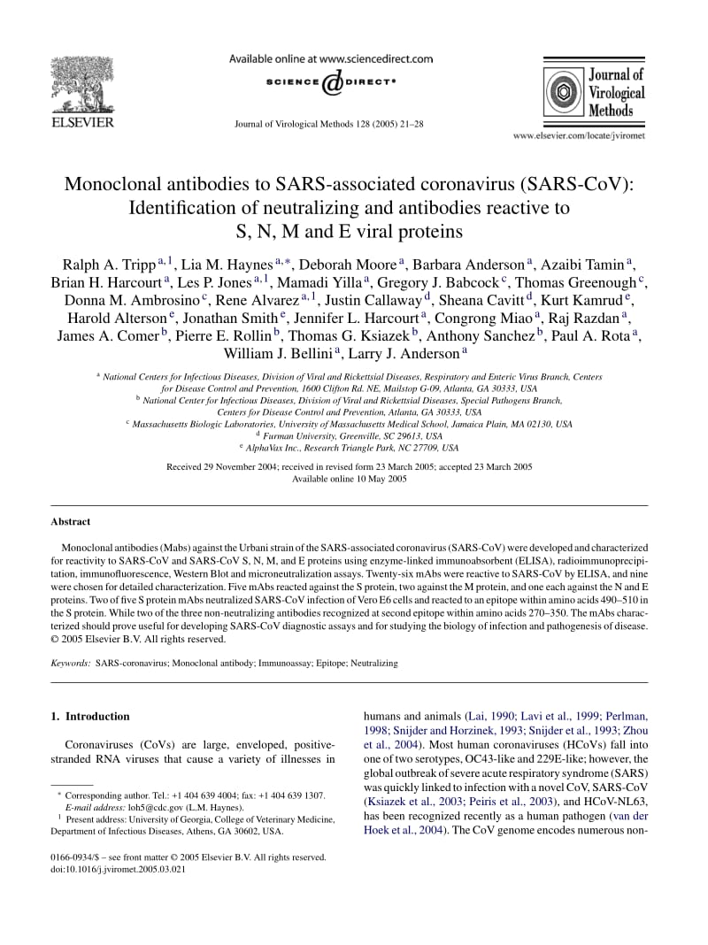 【病毒外文文献】2005 Monoclonal antibodies to SARS-associated coronavirus (SARS-CoV)_ Identification of neutralizing and antibodies reac_第1页