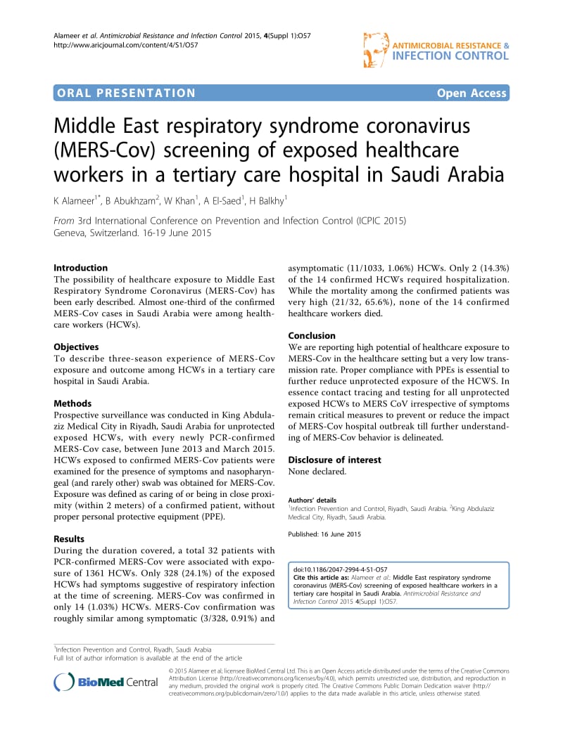 【病毒外文文献】2015 Middle East respiratory syndrome coronavirus (MERS-Cov) screening of exposed healthcare workers in a tertiary care_第1页