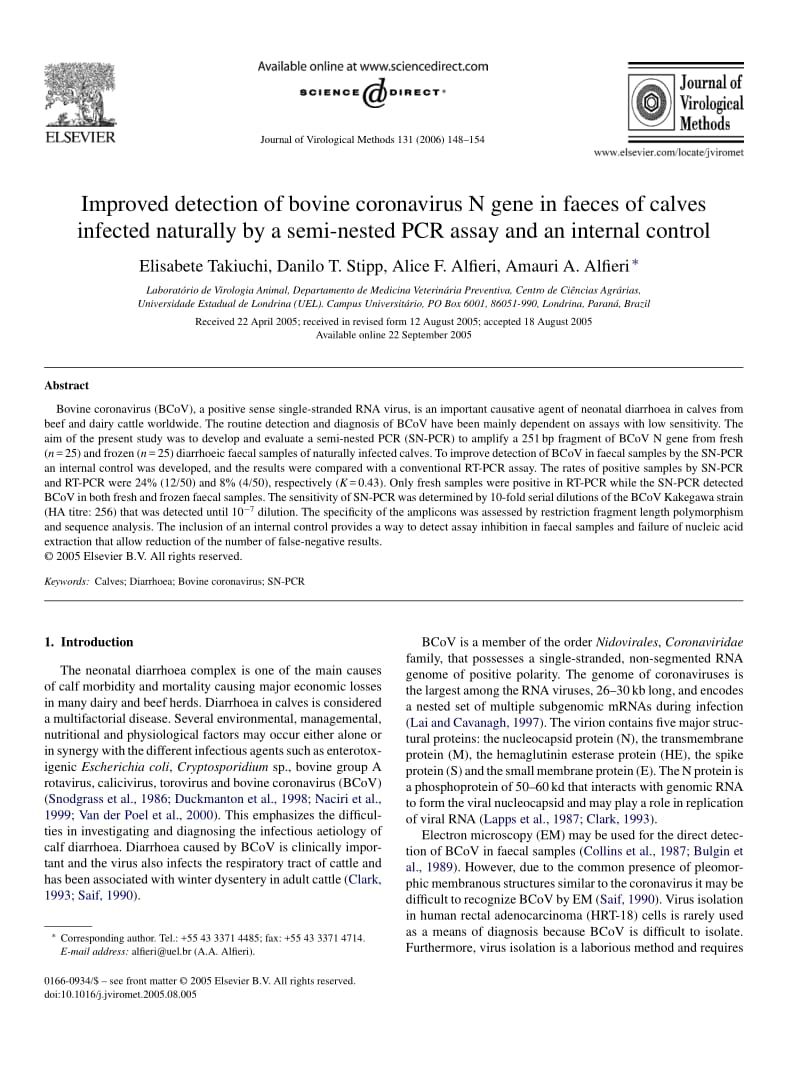 【病毒外文文献】2006 Improved detection of bovine coronavirus N gene in faeces of calves infected naturally by a semi-nested PCR assay a_第1页