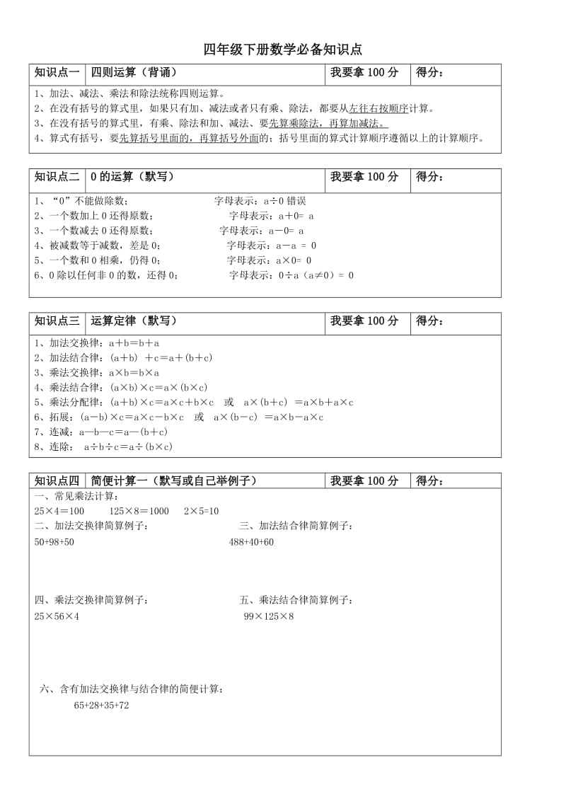 北师大版数学四年级下册知识归纳.docx_第1页