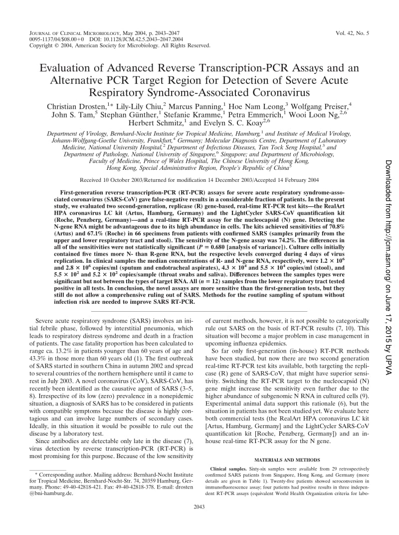 【病毒外文文献】2004 Evaluation of Advanced Reverse Transcription-PCR Assays and an Alternative PCR Target Region for Detection of Sever_第1页