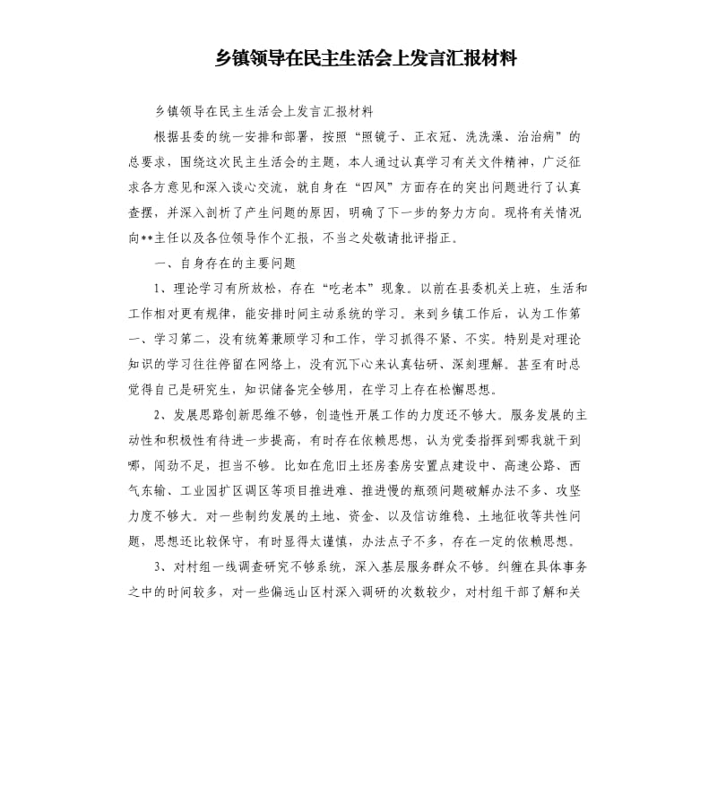 乡镇领导在民主生活会上发言汇报材料.docx_第1页