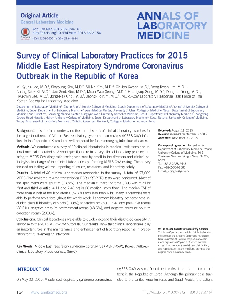【病毒外文文献】2016 Survey of Clinical Laboratory Practices for 2015 Middle East Respiratory Syndrome Coronavirus Outbreak in the Repub_第1页