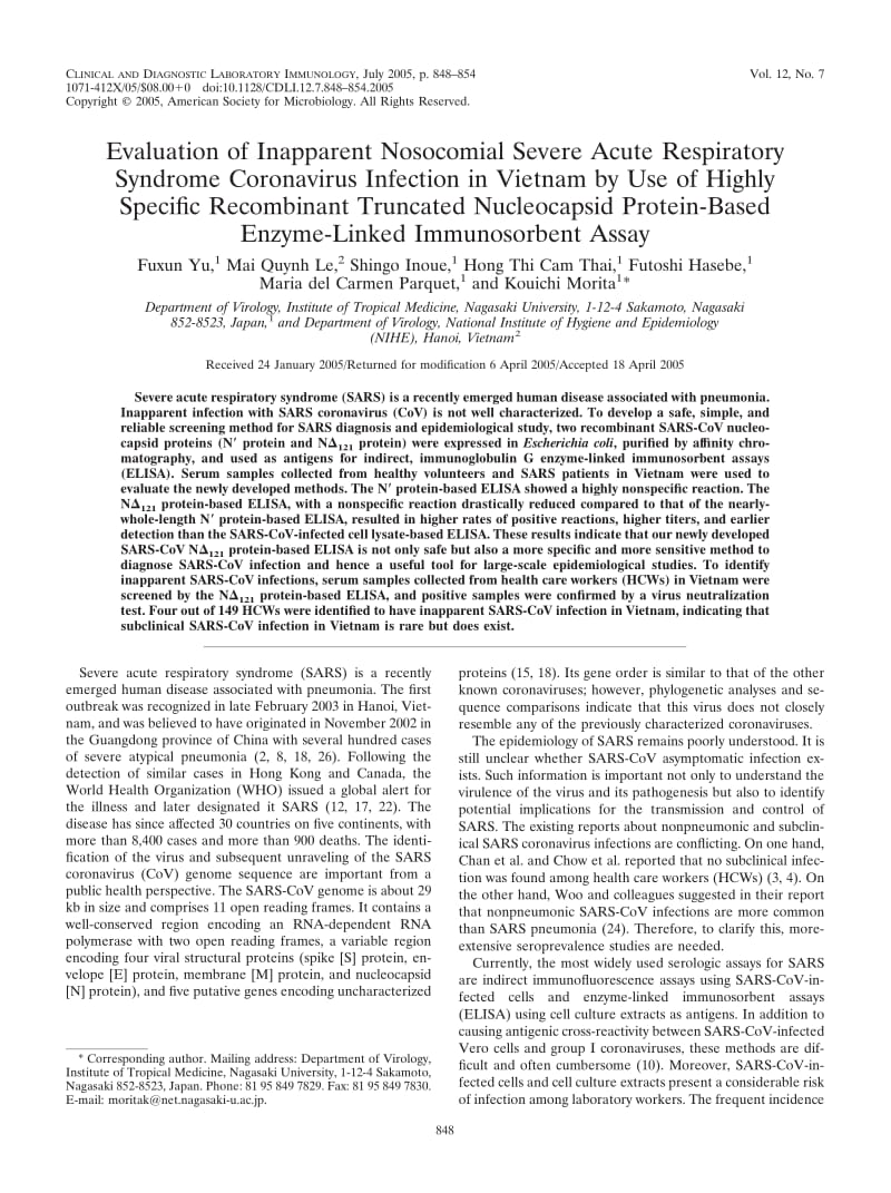 【病毒外文文献】2005 Evaluation of Inapparent Nosocomial Severe Acute Respiratory Syndrome Coronavirus Infection in Vietnam by Use of Hi_第1页