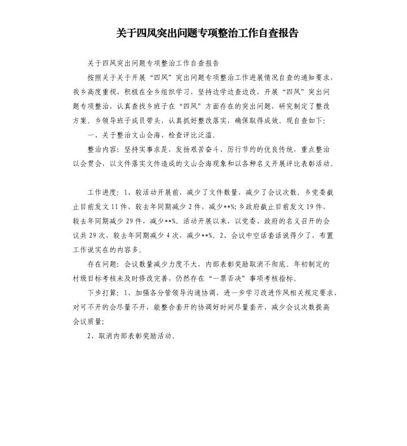 关于四风突出问题专项整治工作自查报告.docx_第1页