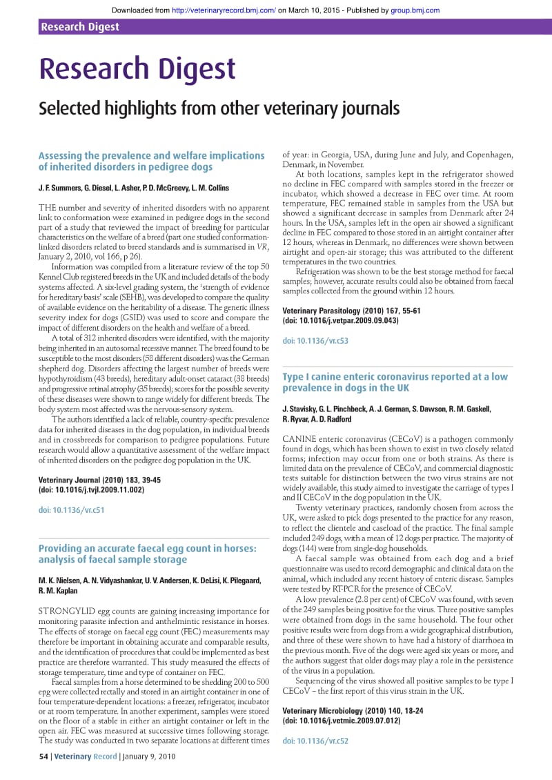 【病毒外文文献】2010 Type I canine enteric coronavirus reported at a low prevalence in dogs in the UK_第1页