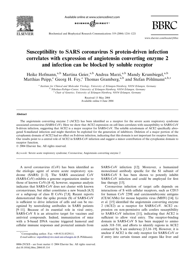【病毒外文文献】2004 Susceptibility to SARS coronavirus S protein-driven infection correlates with expression of angiotensin converting_第1页