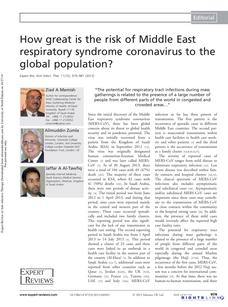 【病毒外文文献】2013 How great is the risk of Middle East respiratory syndrome coronavirus to the global population__第1页