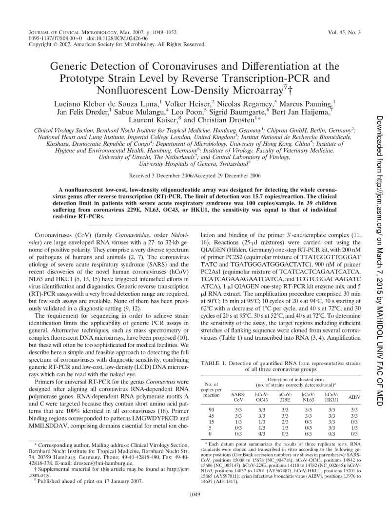 【病毒外文文献】2007 Generic Detection of Coronaviruses and Differentiation at the Prototype Strain Level by Reverse Transcription-PCR a_第1页