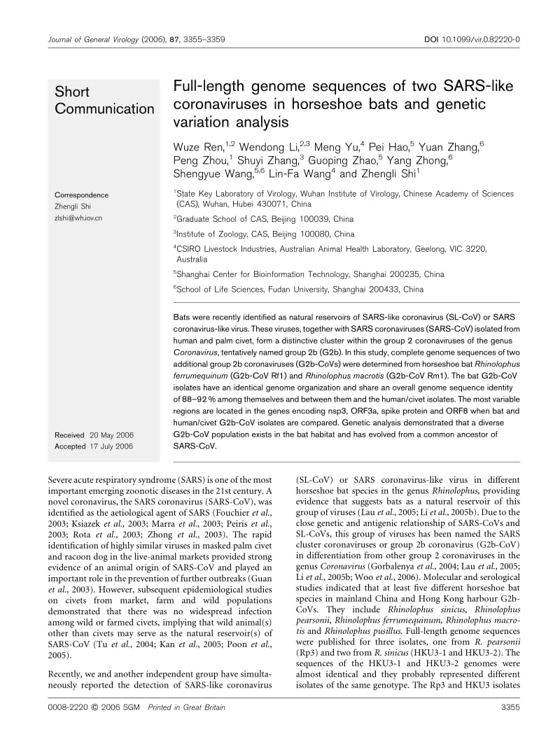 【病毒外文文献】2006 Full-length genome sequences of two SARS-like coronaviruses in horseshoe bats and genetic variation analysis_第1页