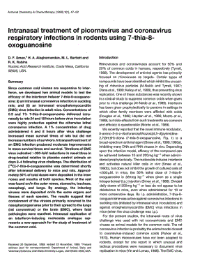 【病毒外文文獻】1990 Intranasal Treatment of Picornavirus and Coronavirus Respiratory Infections in Rodents Using 7-Thia-8-Oxoguanosine