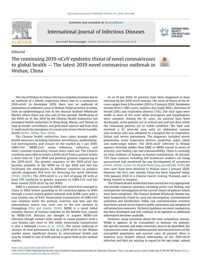 【病毒外文文献】2020 The continuing 2019-nCoV epidemic threat of novel coronaviruses to global health _ The latest 2019 novel coronaviru_第1页