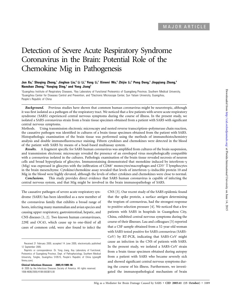 【病毒外文文献】2005 Detection of Severe Acute Respiratory Syndrome Coronavirus in the Brain_ Potential Role of the Chemokine Mig in Pat_第1页