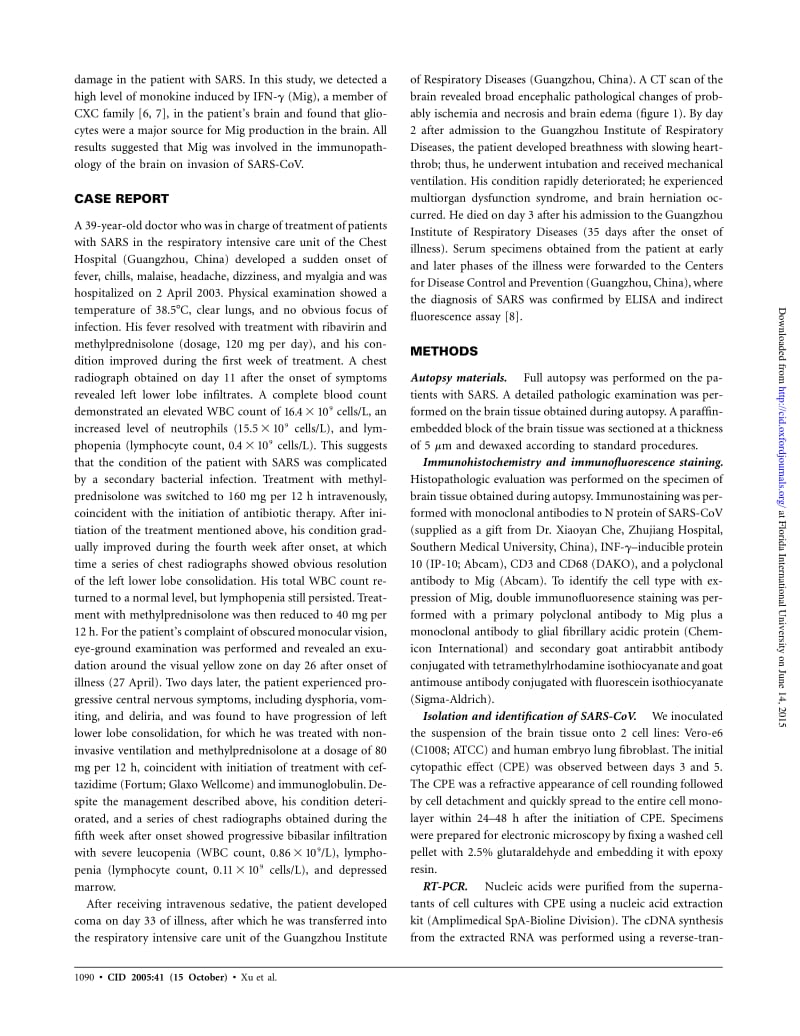 【病毒外文文献】2005 Detection of Severe Acute Respiratory Syndrome Coronavirus in the Brain_ Potential Role of the Chemokine Mig in Pat_第2页