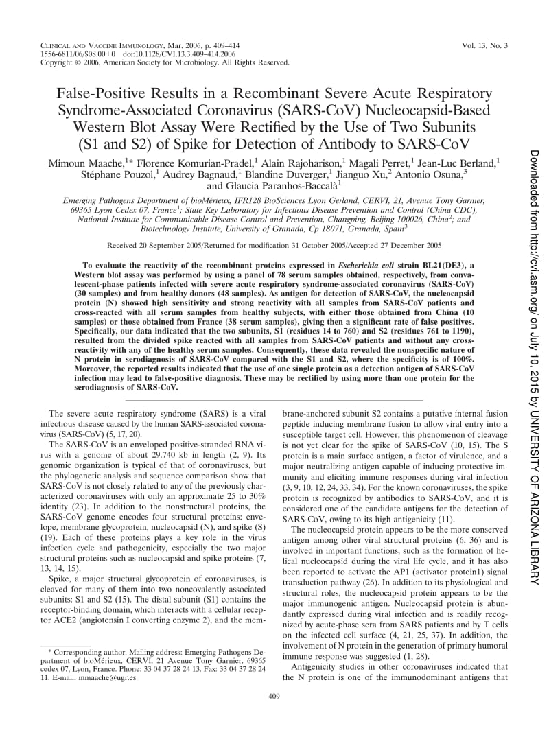 【病毒外文文献】2006 False-Positive Results in a Recombinant Severe Acute Respiratory Syndrome-Associated Coronavirus (SARS-CoV) Nucleoc_第1页