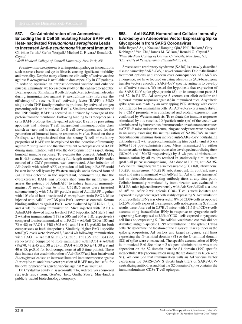 【病毒外文文献】2004 558_ Anti-SARS Humoral and Cellular Immunity Evoked by an Adenovirus Vector Expressing Spike Glycoprotein from SARS_第1页