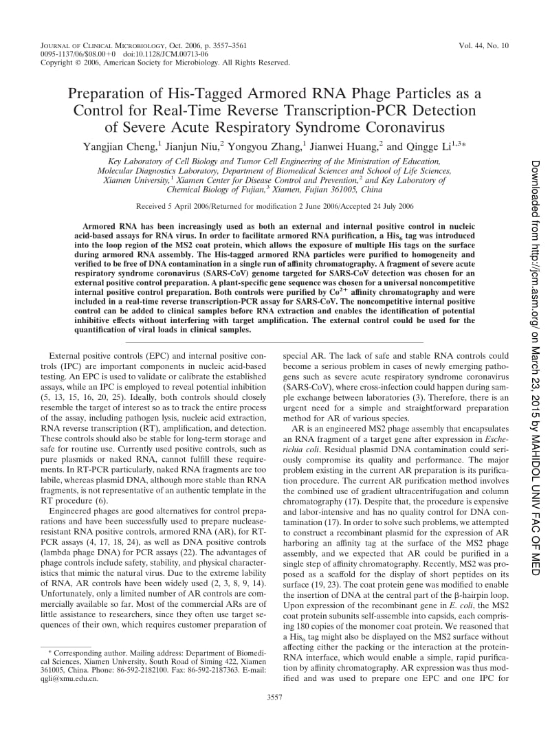 【病毒外文文献】2006 Preparation of His-Tagged Armored RNA Phage Particles as a Control for Real-Time Reverse Transcription-PCR Detectio_第1页