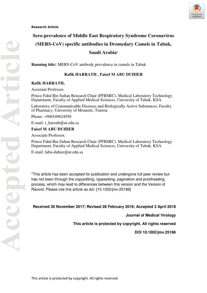 【病毒外文文献】2018 Sero-prevalence of Middle East Respiratory Syndrome Coronavirus (MERS-CoV) specific antibodies in Dromedary Camels_第1页