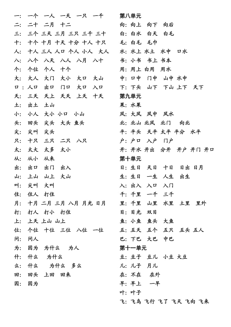 北师大版本一年级上册会写字组词.doc_第1页