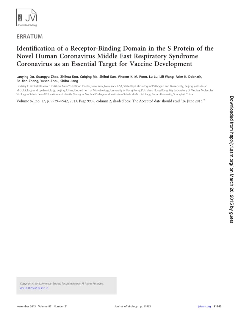 【病毒外文文献】2013 Identification of a Receptor-Binding Domain in the S Protein of the Novel Human Coronavirus Middle East Respiratory_第1页