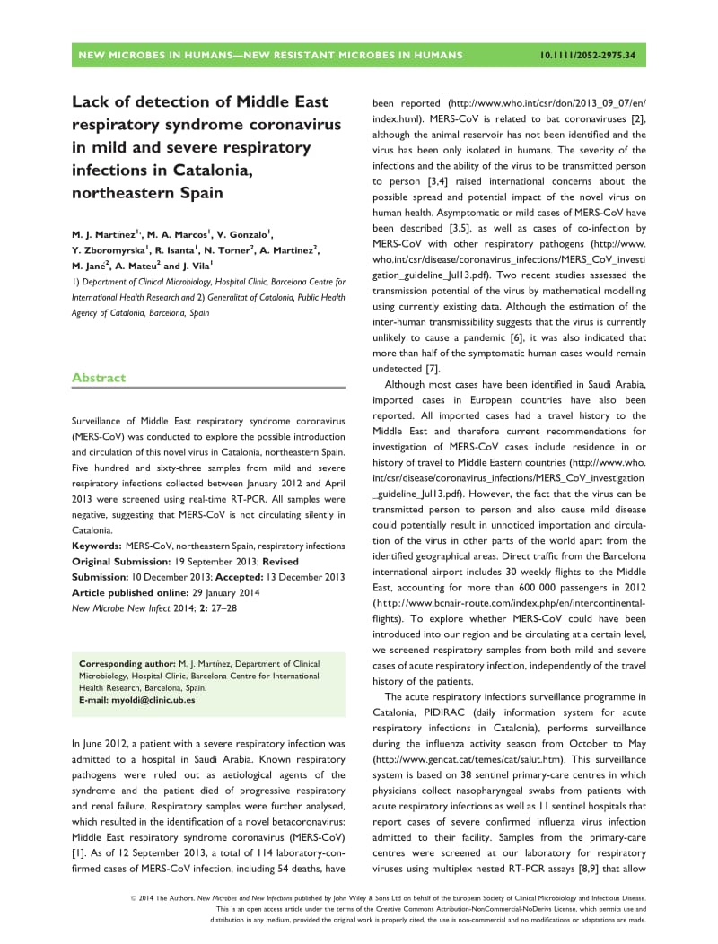 【病毒外文文献】2014 Lack of detection of Middle East respiratory syndrome coronavirus in mild and severe respiratory infections in Cata_第1页