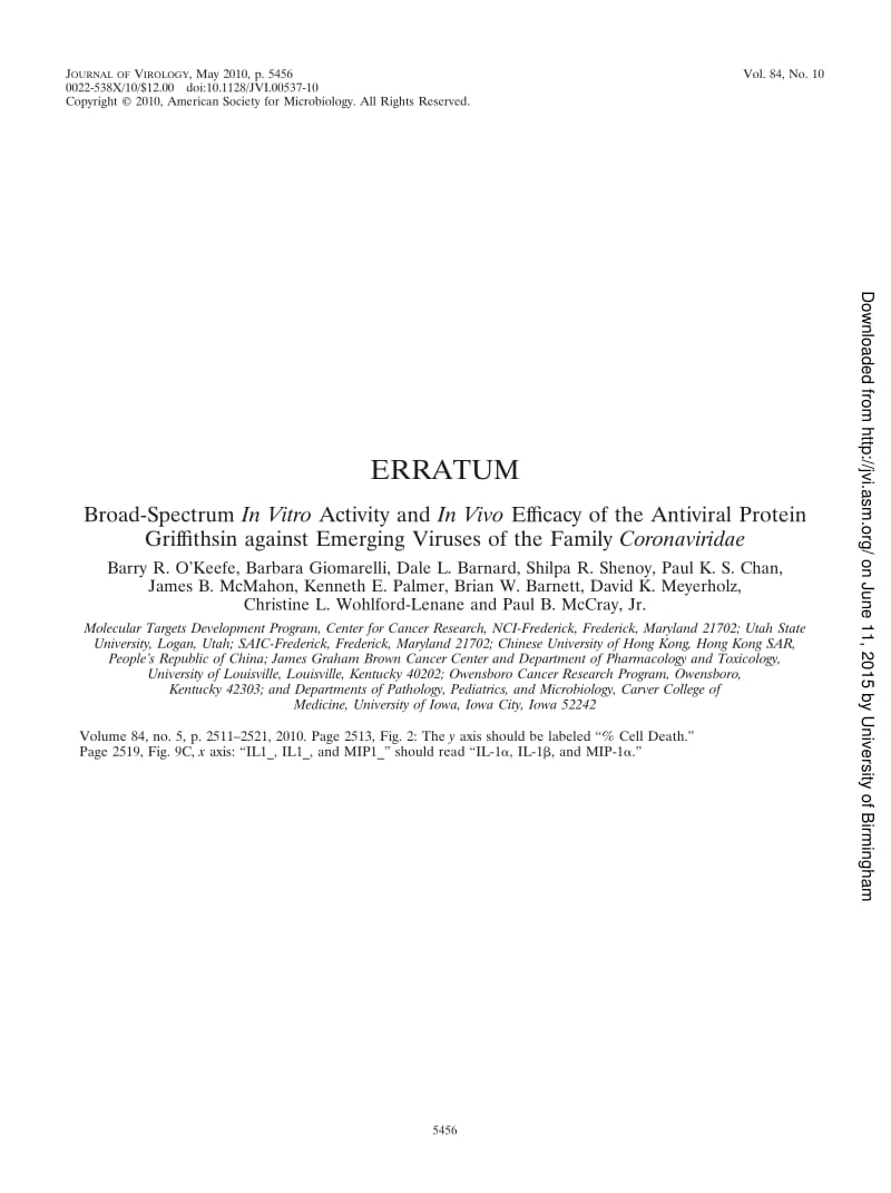 【病毒外文文献】2010 Broad-Spectrum In Vitro Activity and In Vivo Efficacy of the Antiviral Protein Griffithsin against Emerging Viruses_第1页