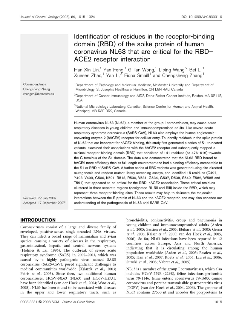 【病毒外文文献】2008 Identification of residues in the receptor-binding domain (RBD) of the spike protein of human coronavirus NL63 that_第1页