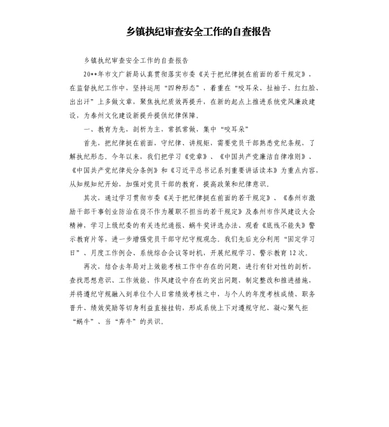 乡镇执纪审查安全工作的自查报告.docx_第1页