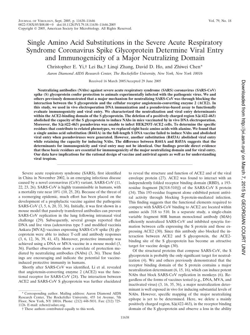 【病毒外文文献】2005 Single Amino Acid Substitutions in the Severe Acute Respiratory Syndrome Coronavirus Spike Glycoprotein Determine V_第1页