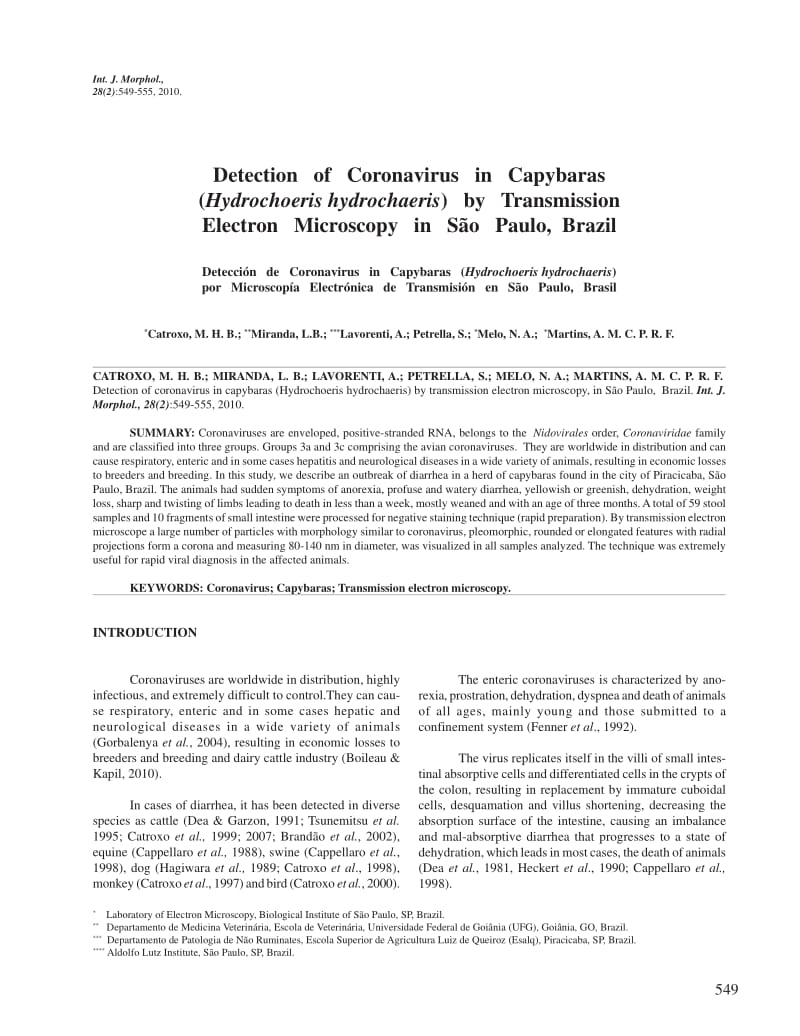 【病毒外文文献】2010 Detection of Coronavirus in Capybaras (Hydrochoeris hydrochaeris) by Transmission Electron Microscopy in S_o Paulo,_第1页