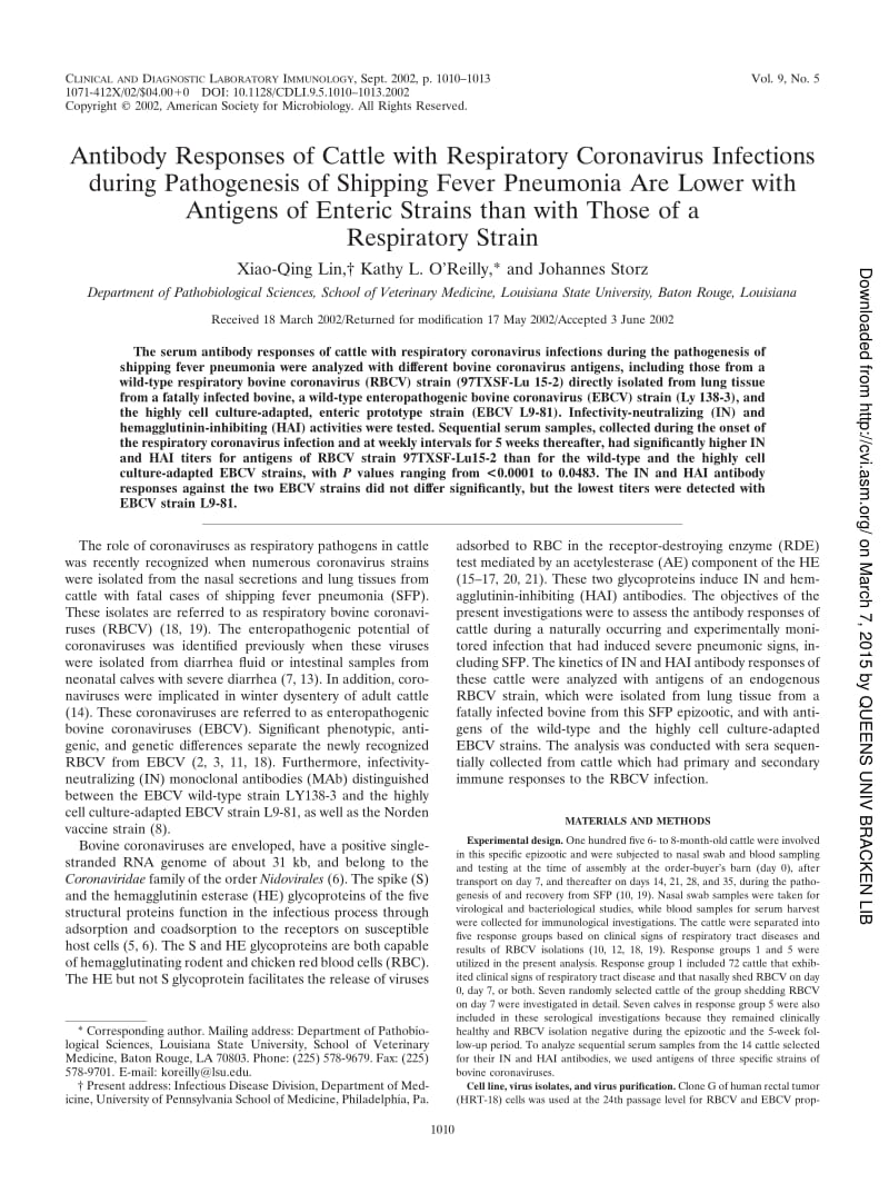 【病毒外文文献】2002 Antibody Responses of Cattle with Respiratory Coronavirus Infections during Pathogenesis of Shipping Fever Pneumoni_第1页