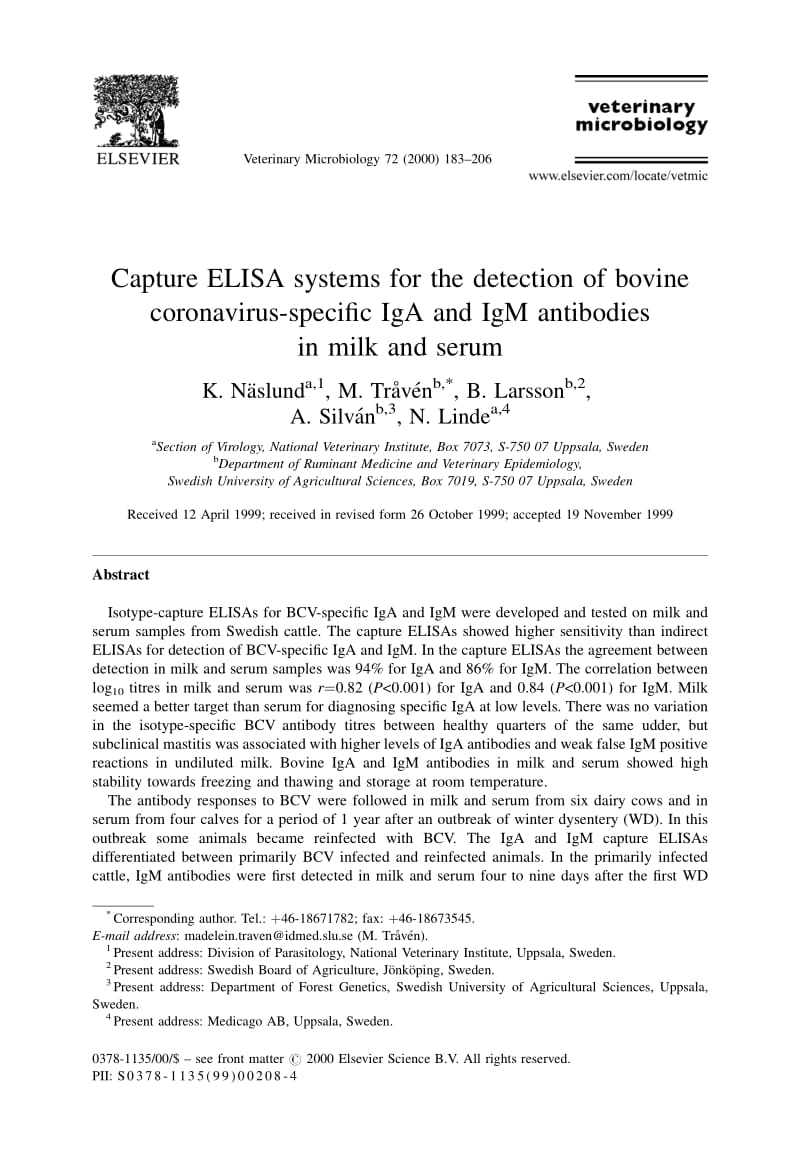 【病毒外文文献】2000 Capture ELISA systems for the detection of bovine coronavirus-specific IgA and IgM antibodies in milk and serum_第1页