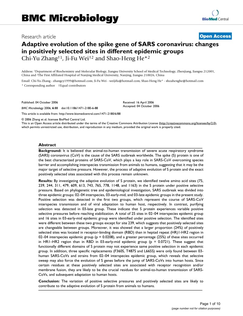 【病毒外文文献】2006 Adaptive evolution of the spike gene of SARS coronavirus_ changes in positively selected sites in different epidemi_第1页