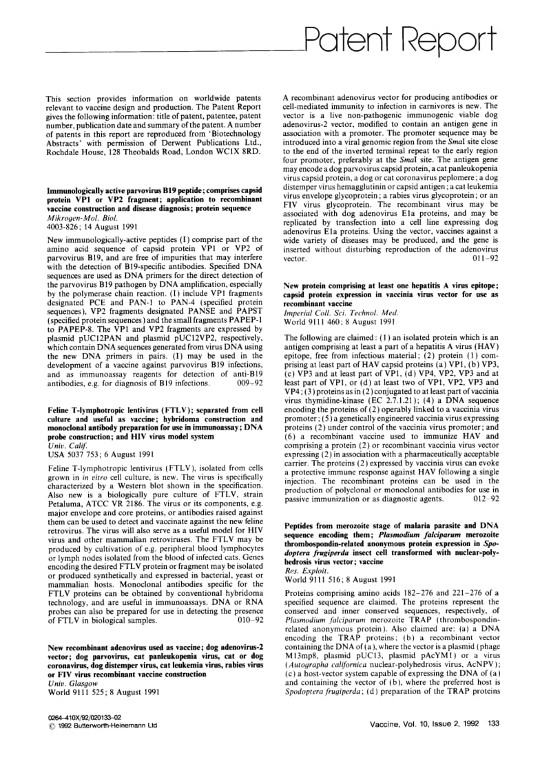 【病毒外文文献】1992 New recombinant adenovirus used as vaccine_ dog adenovirus-2 vector_ dog parvovirus, cat panleukopenia virus, cat o_第1页