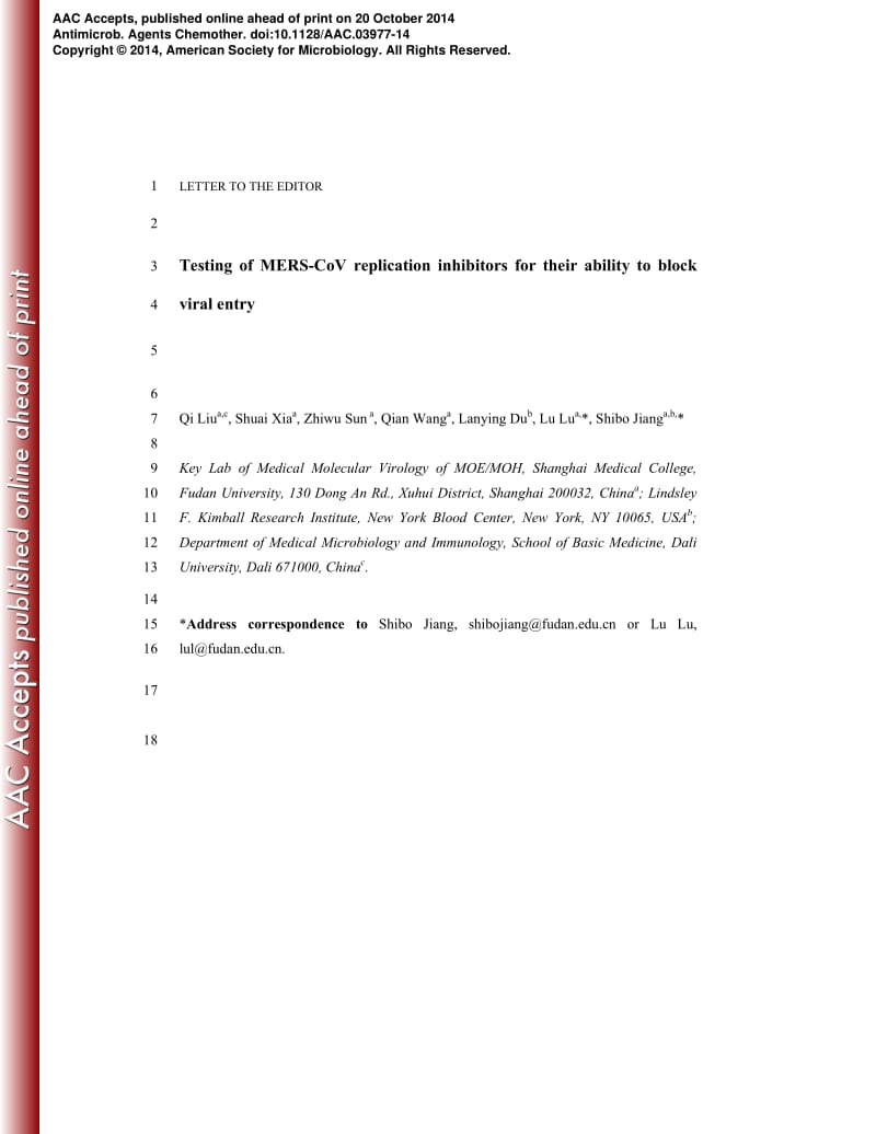 【病毒外文文献】2015 Testing of Middle East Respiratory Syndrome Coronavirus Replication Inhibitors for the Ability To Block Viral Entry_第1页