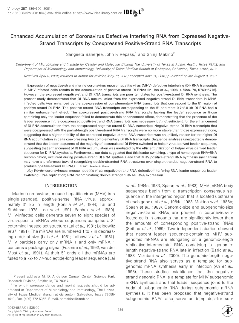 【病毒外文文献】2001 Enhanced Accumulation of Coronavirus Defective Interfering RNA from Expressed Negative-Strand Transcripts by Coexpr_第1页