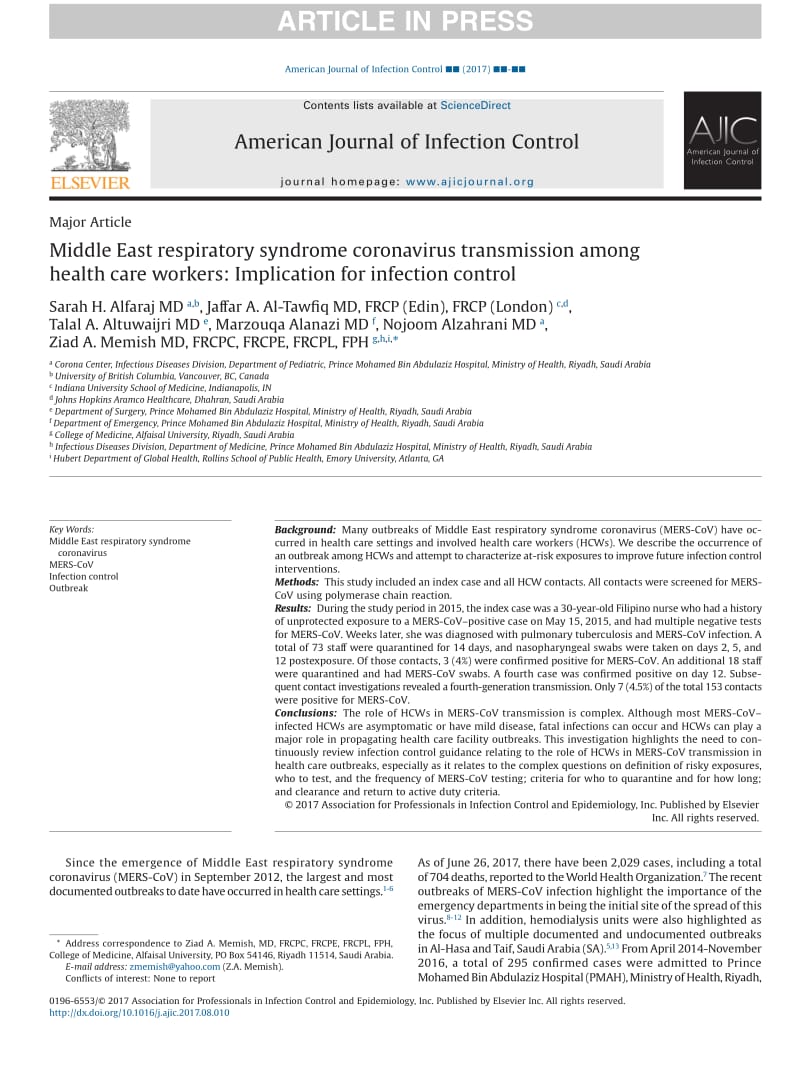 【病毒外文文獻(xiàn)】2017 Middle East respiratory syndrome coronavirus transmission among health care workers_ Implication for infection cont