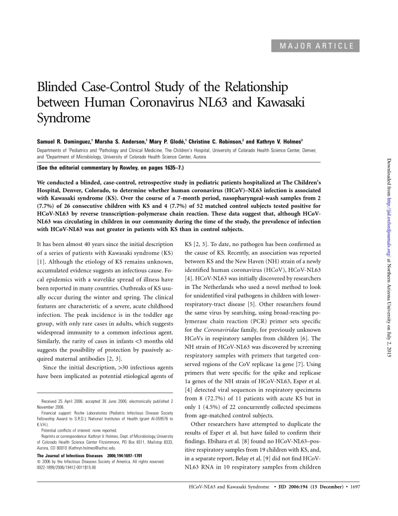 【病毒外文文献】2006 Blinded Case_Control Study of the Relationship between Human Coronavirus NL63 and Kawasaki Syndrome_第1页