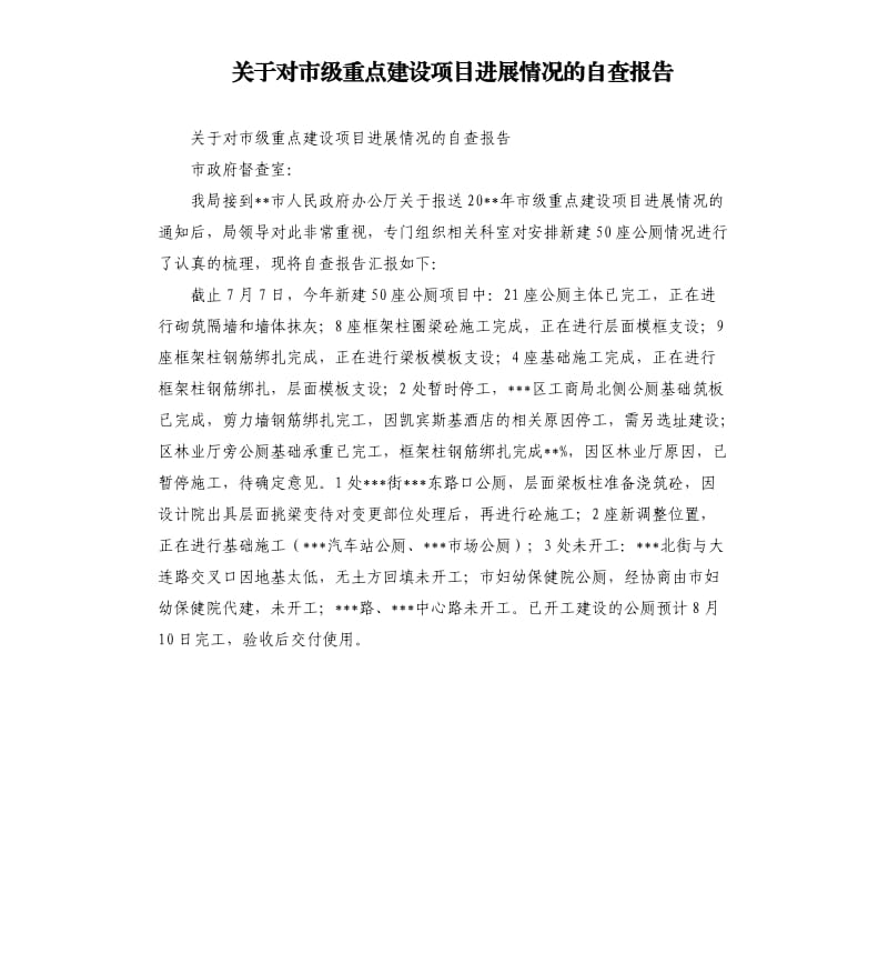 关于对市级重点建设项目进展情况的自查报告.docx_第1页