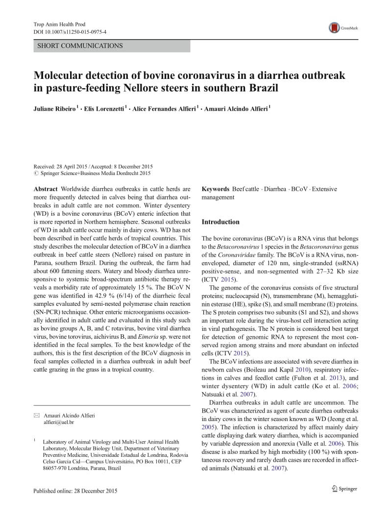 【病毒外文文獻】2016 Molecular detection of bovine coronavirus in a diarrhea outbreak in pasture-feeding Nellore steers in southern Braz