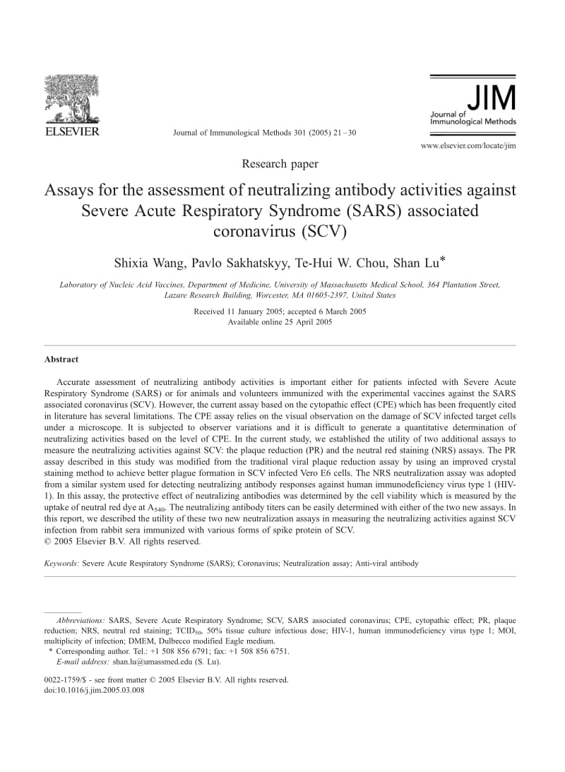 【病毒外文文献】2005 Assays for the assessment of neutralizing antibody activities against Severe Acute Respiratory Syndrome (SARS) asso_第1页