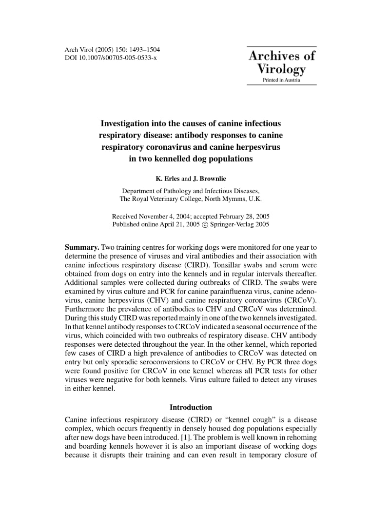 【病毒外文文献】2005 Investigation into the causes of canine infectious respiratory disease_ antibody responses to canine respiratory co_第1页