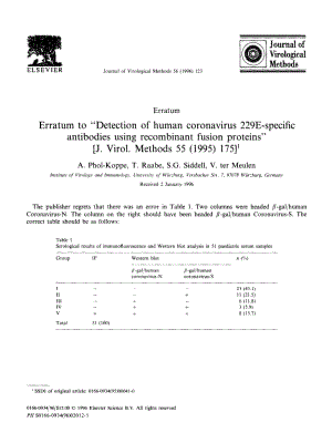 【病毒外文文獻】1996 J_ Virol_ Methods_ Erratum to _Detection of human coronavirus 229E-specific antibodies using recombinant fusion pro