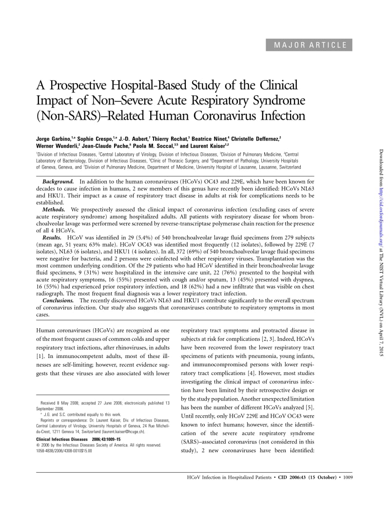 【病毒外文文献】2006 A Prospective Hospital_Based Study of the Clinical Impact of Non_Severe Acute Respiratory Syndrome (Non_SARS)_Relat_第1页